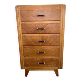 High chest of drawers with 5 drawers, vintage oak, 1950s