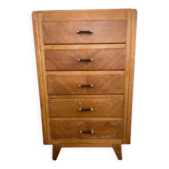 High chest of drawers with 5 drawers, vintage oak, 1950s