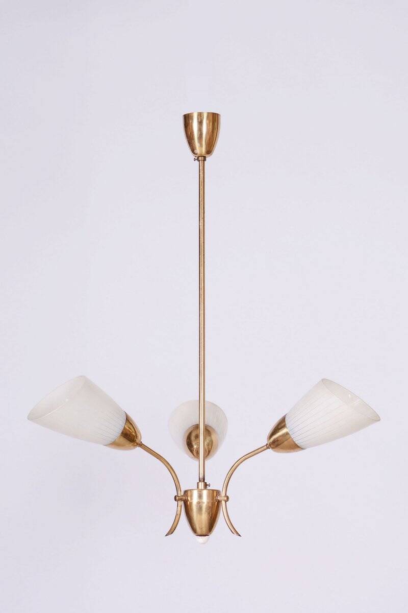 Mid-Century Chandelier in Brass and Frosted Glass, Czech, 1950s
