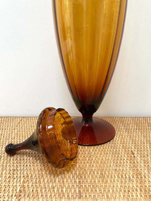 Grande bonbonnière XL Empoli Italie en verre soufflé ambré - Années 60