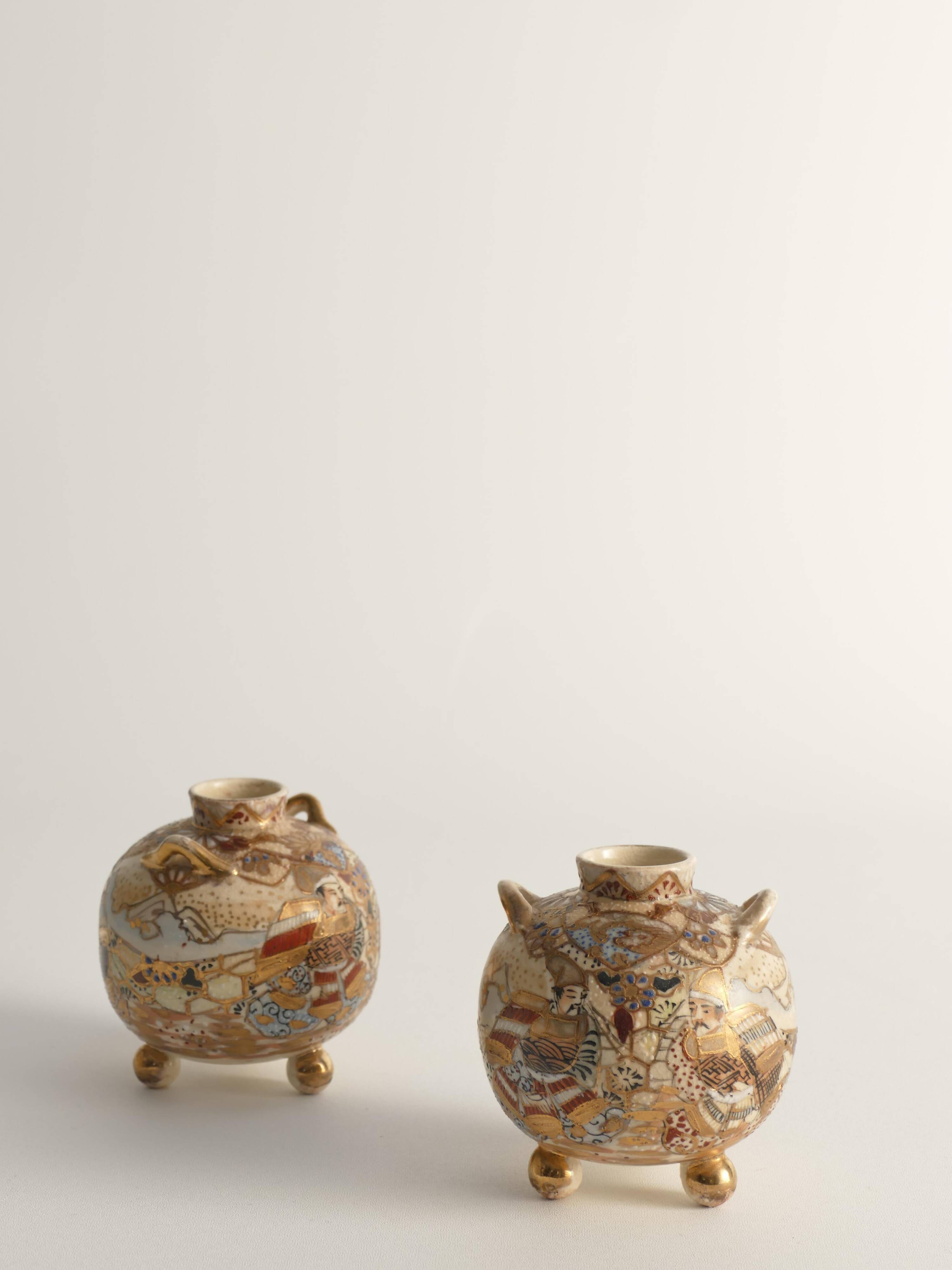 Satsuma Earthenware Vases, Hand-Painted Polychrome, Japan, Set of 2