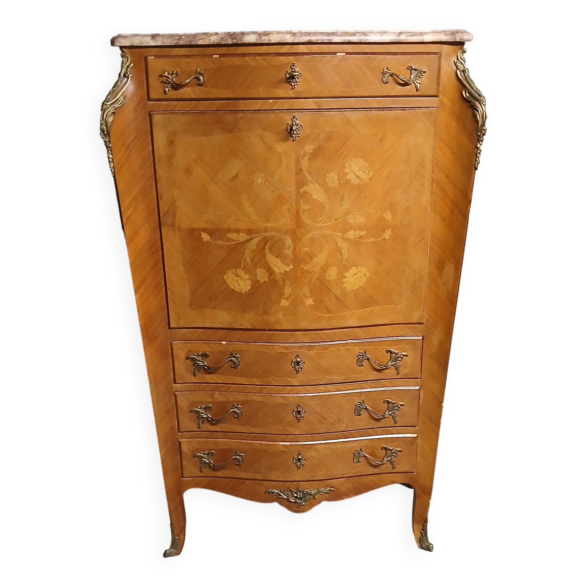 Rosewood secretary desk with floral decoration and marble top