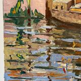Old painting, barge at the dock, signed Maurice Pannetier, 70s/80s