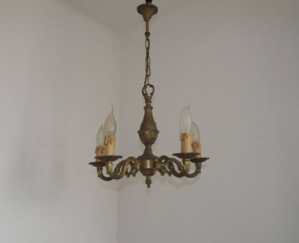 Lustre traditionnel français vintage en bronze à 5 lumières, datant du milieu du siècle dernier 5489