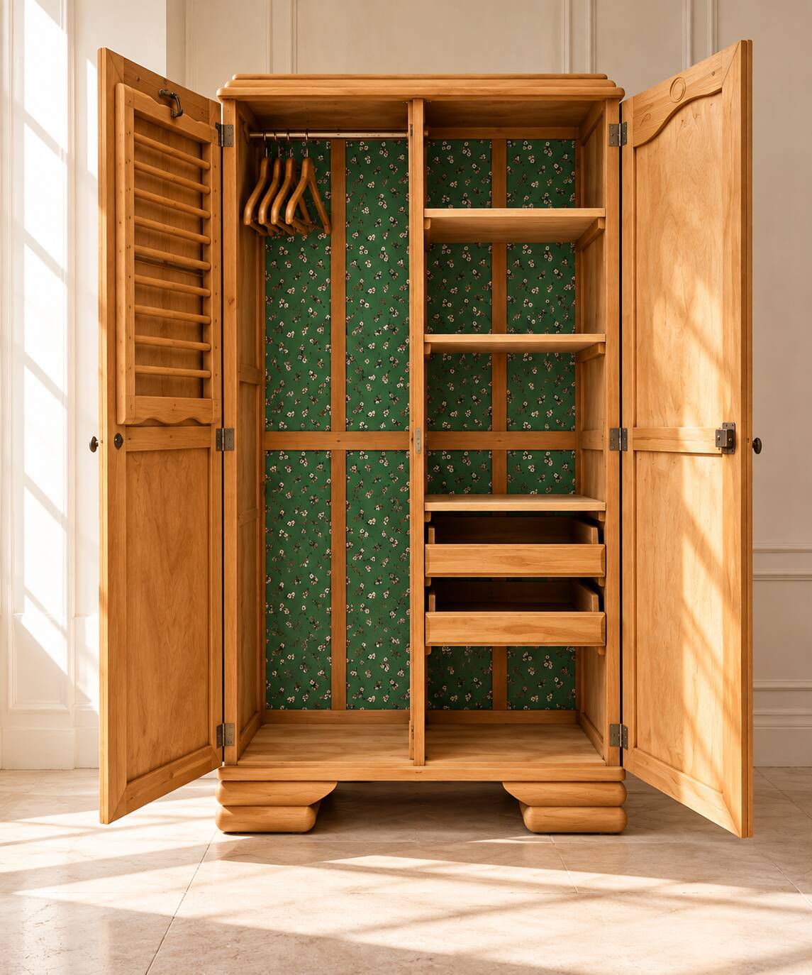 Parisian Art Deco wardrobe, renovated with raw wood.
