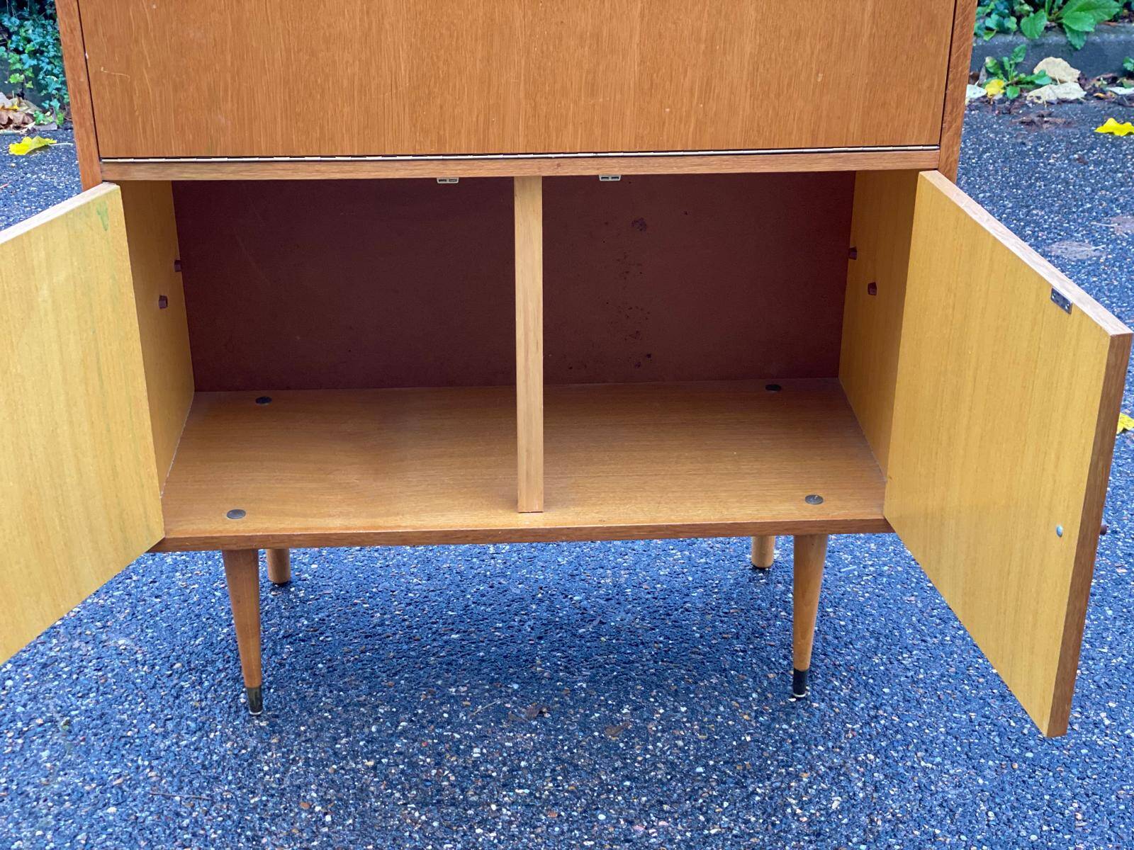 Vintage Scandinavian glass secretary with 3 doors and compass legs 145cm