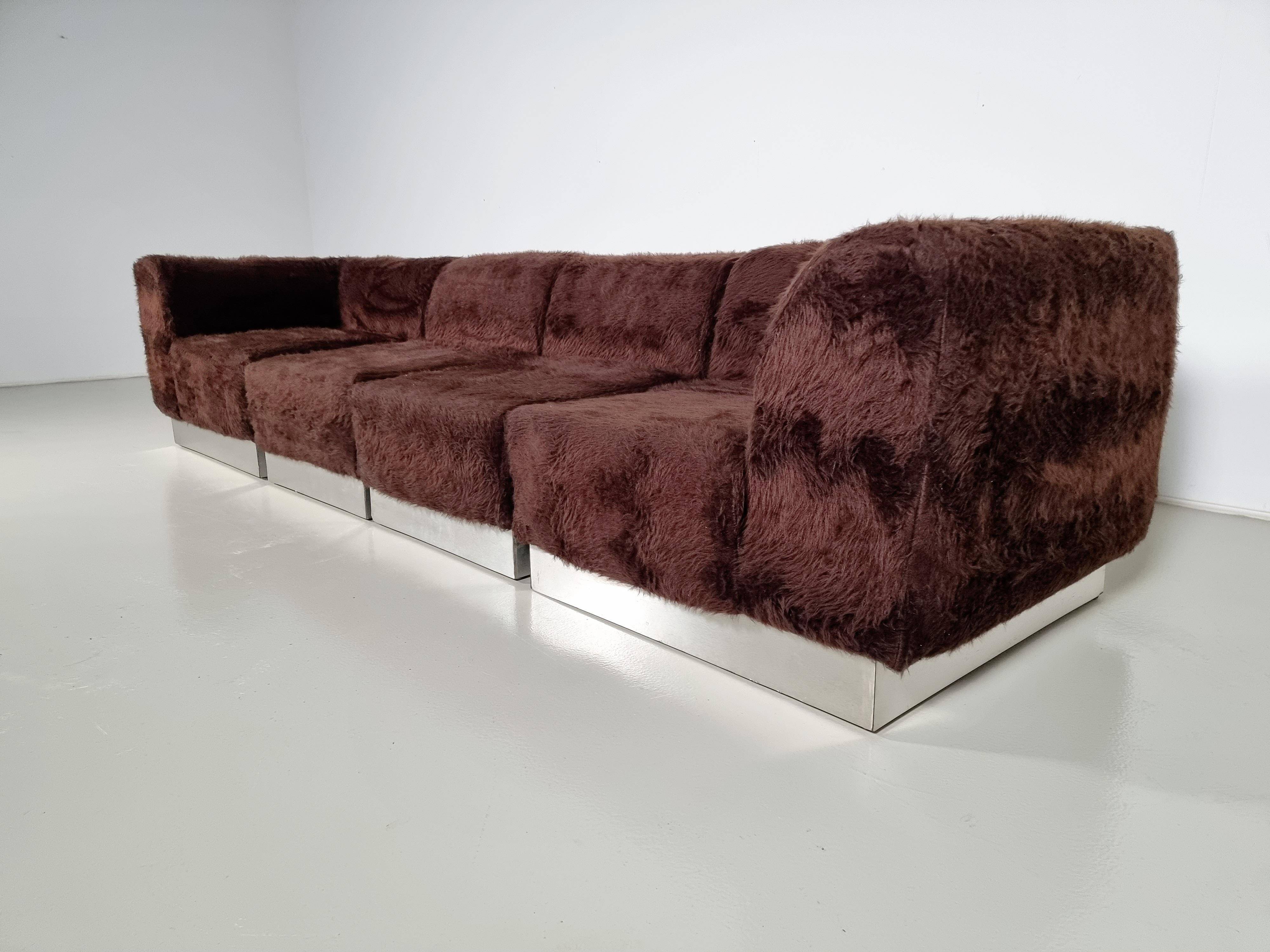 Vintage Italian chrome sectional sofa with faux fur, 1970s.