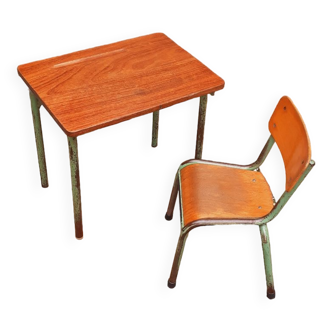 Children's desk and its chair year 50 solid teak tubular structure