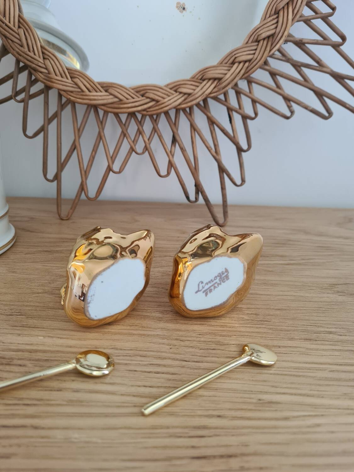 Duo of fine gold Limoges porcelain swan salt cellars