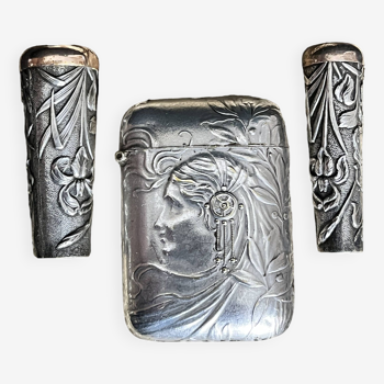 Art nouveau, silver metal smoking objects in case circa 1900