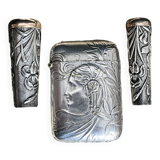 Art nouveau, silver metal smoking objects in case circa 1900