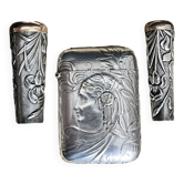 Art nouveau, silver metal smoking objects in case circa 1900