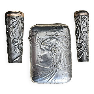 Art nouveau, silver metal smoking objects in case circa 1900