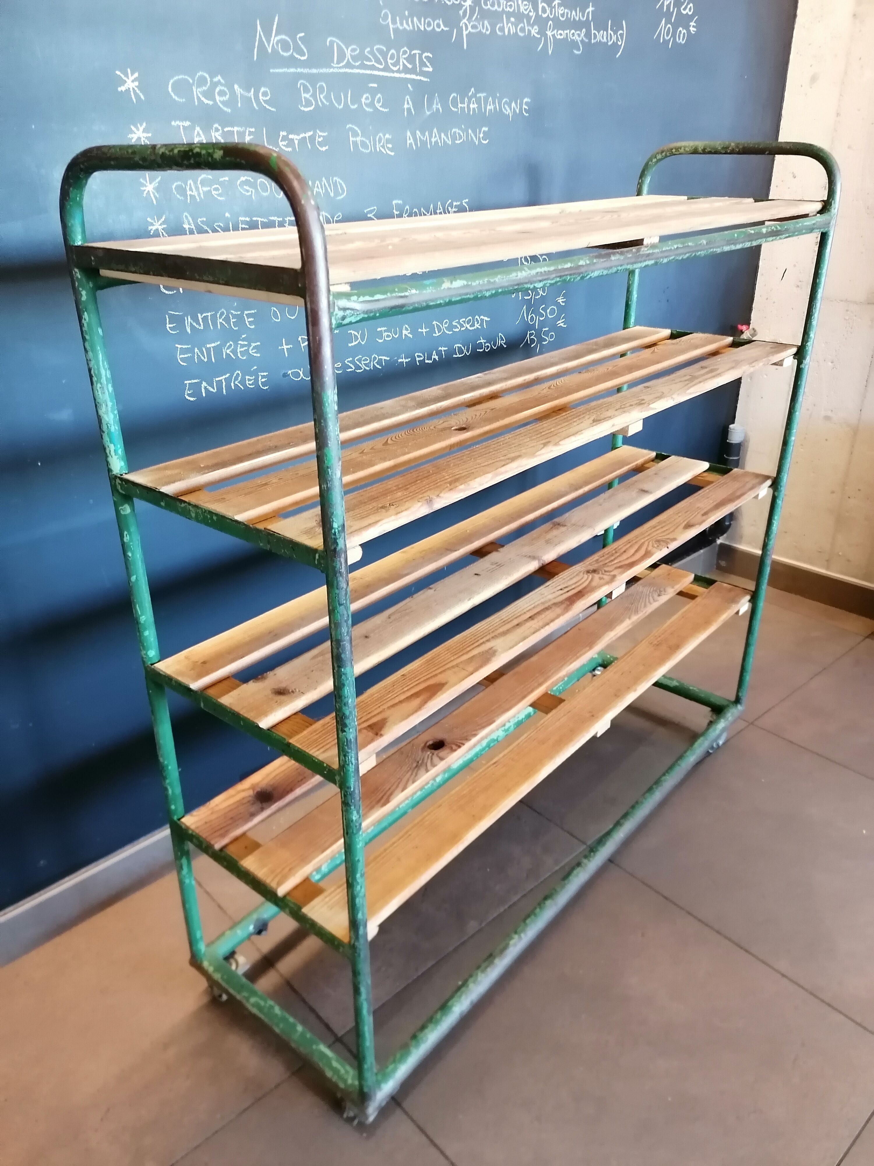 Steel and wooden shelf on wheels
