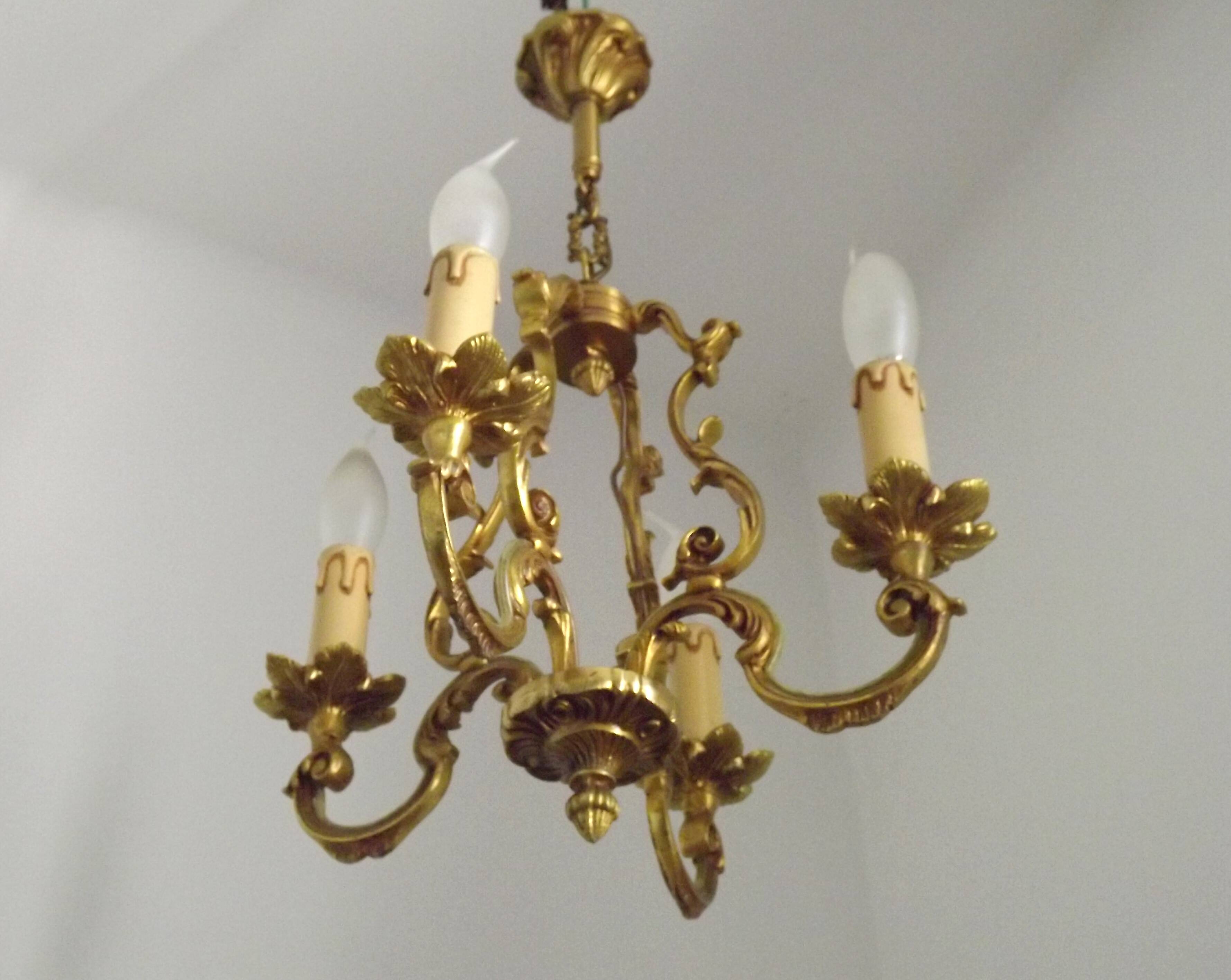 French Vintage Bronze Art Nouveau Style 4 Light 4 Sided Cage Chandelier