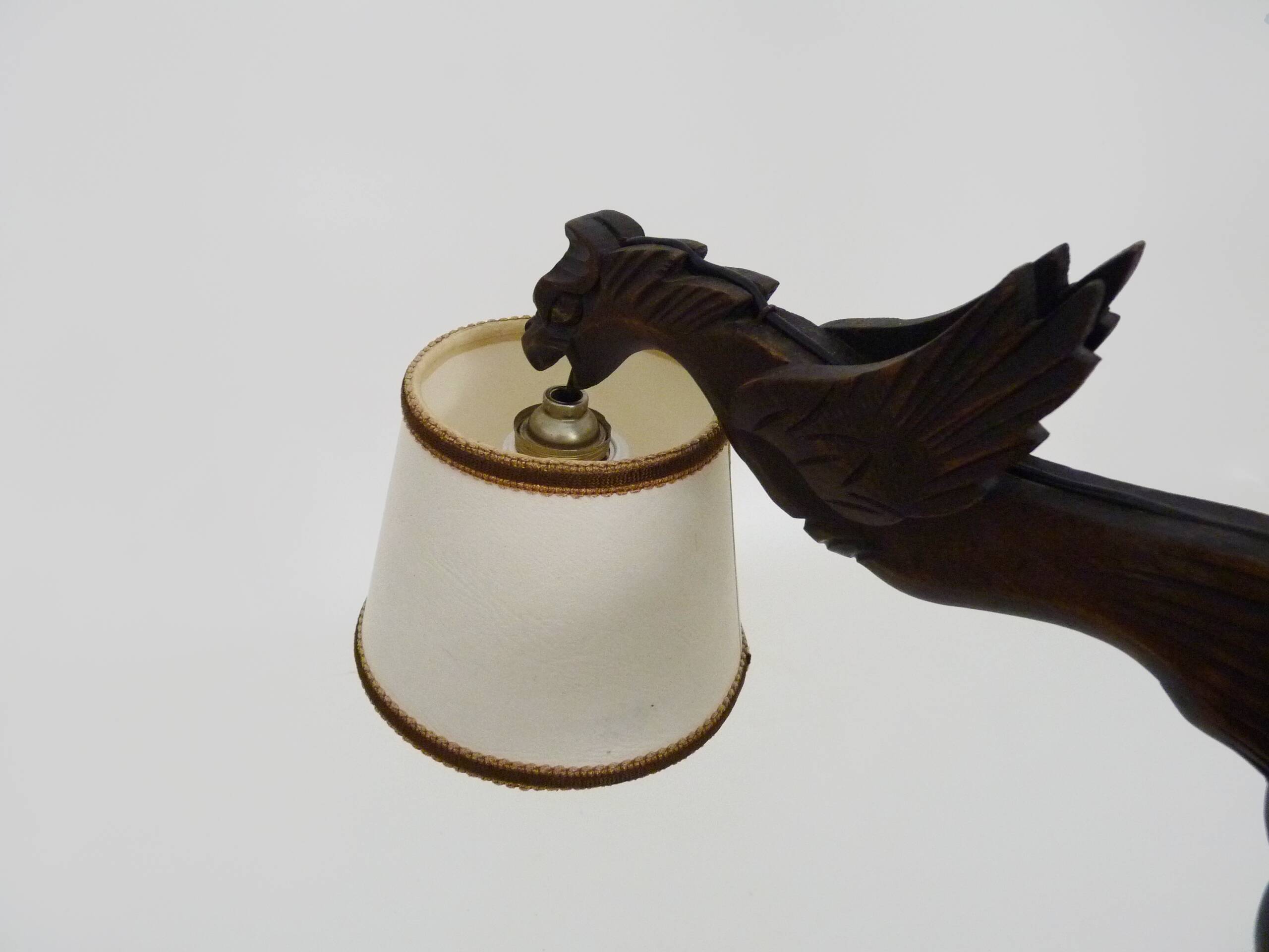 Antique hand-carved wooden dragon chandelier with 4 lights from the 1950s