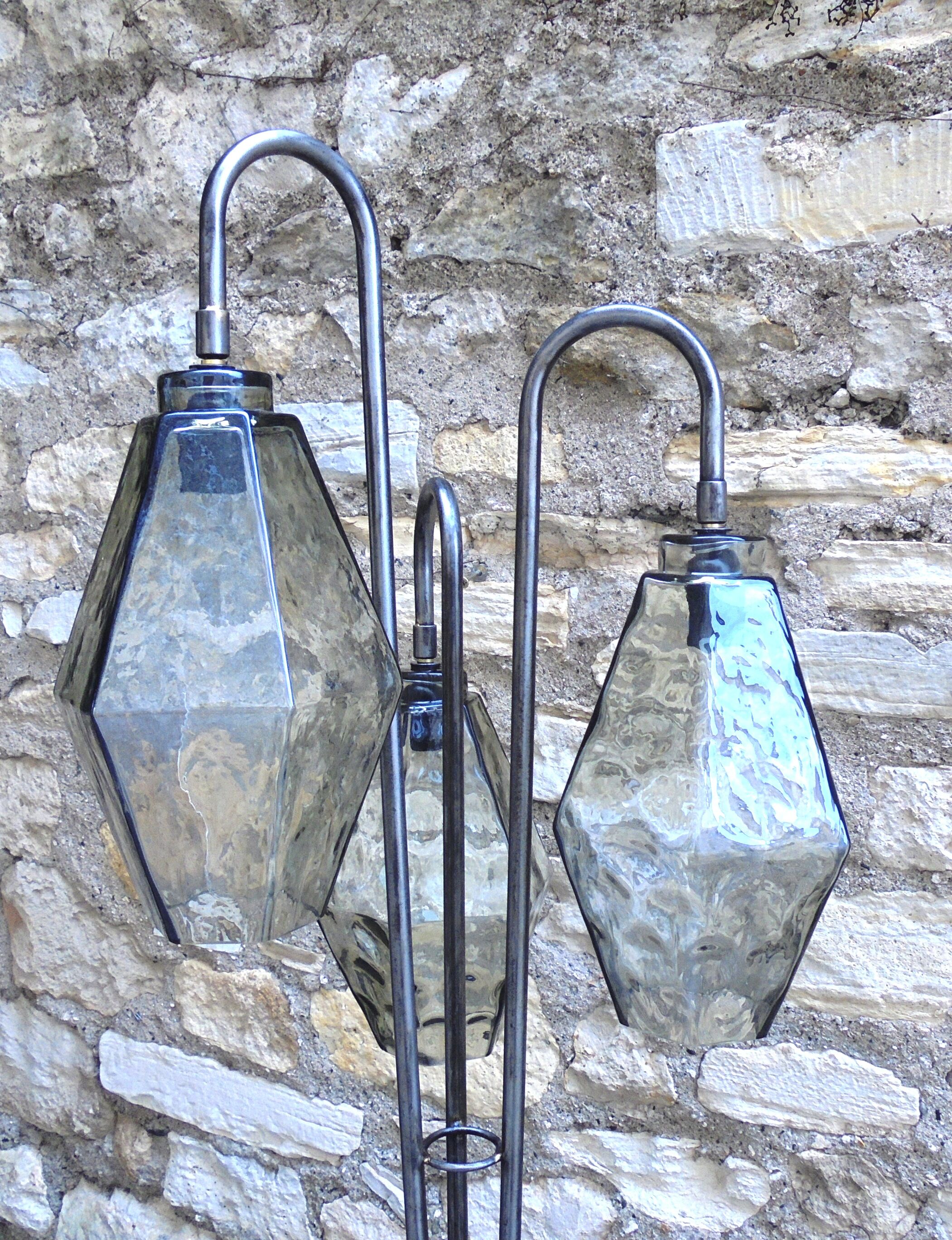 Large tripod steel lamppost and blown glass 1970