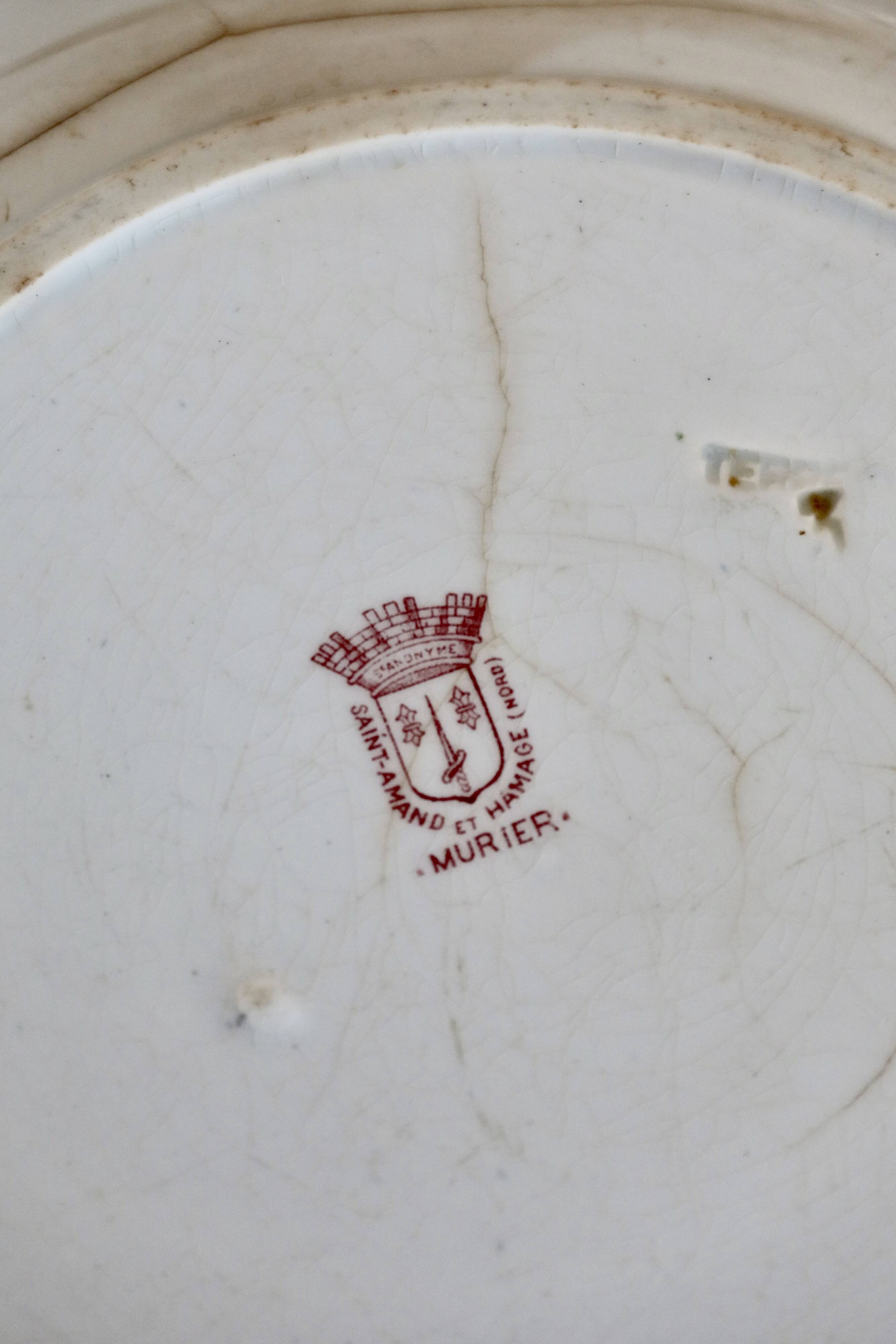 Antique hollow round serving dish iron earth Saint Amand and Hamage model Murier rouge