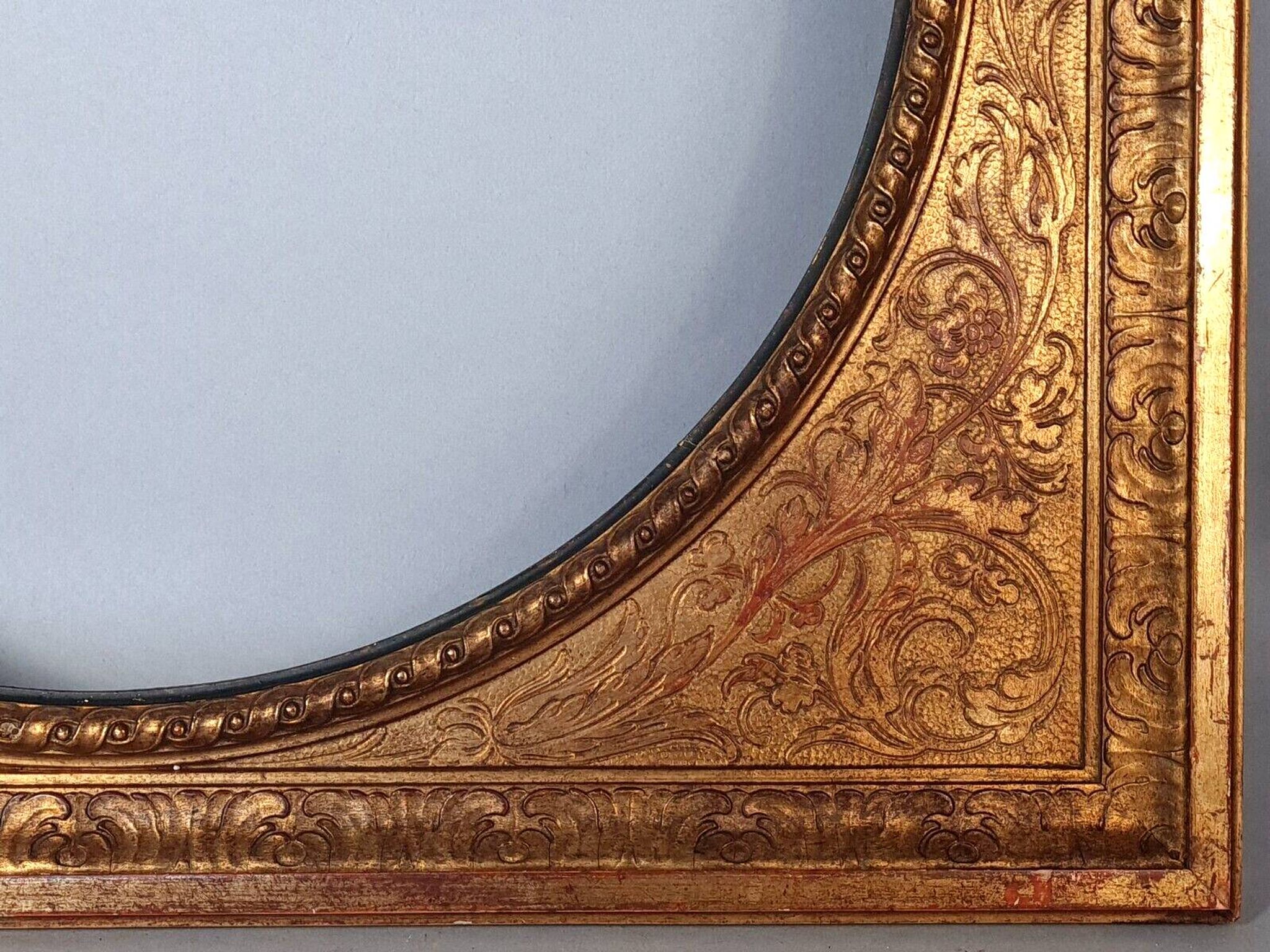 Old Florentine frame round view rebate 38 cm chiseled wood gilded stucco + glass SB656