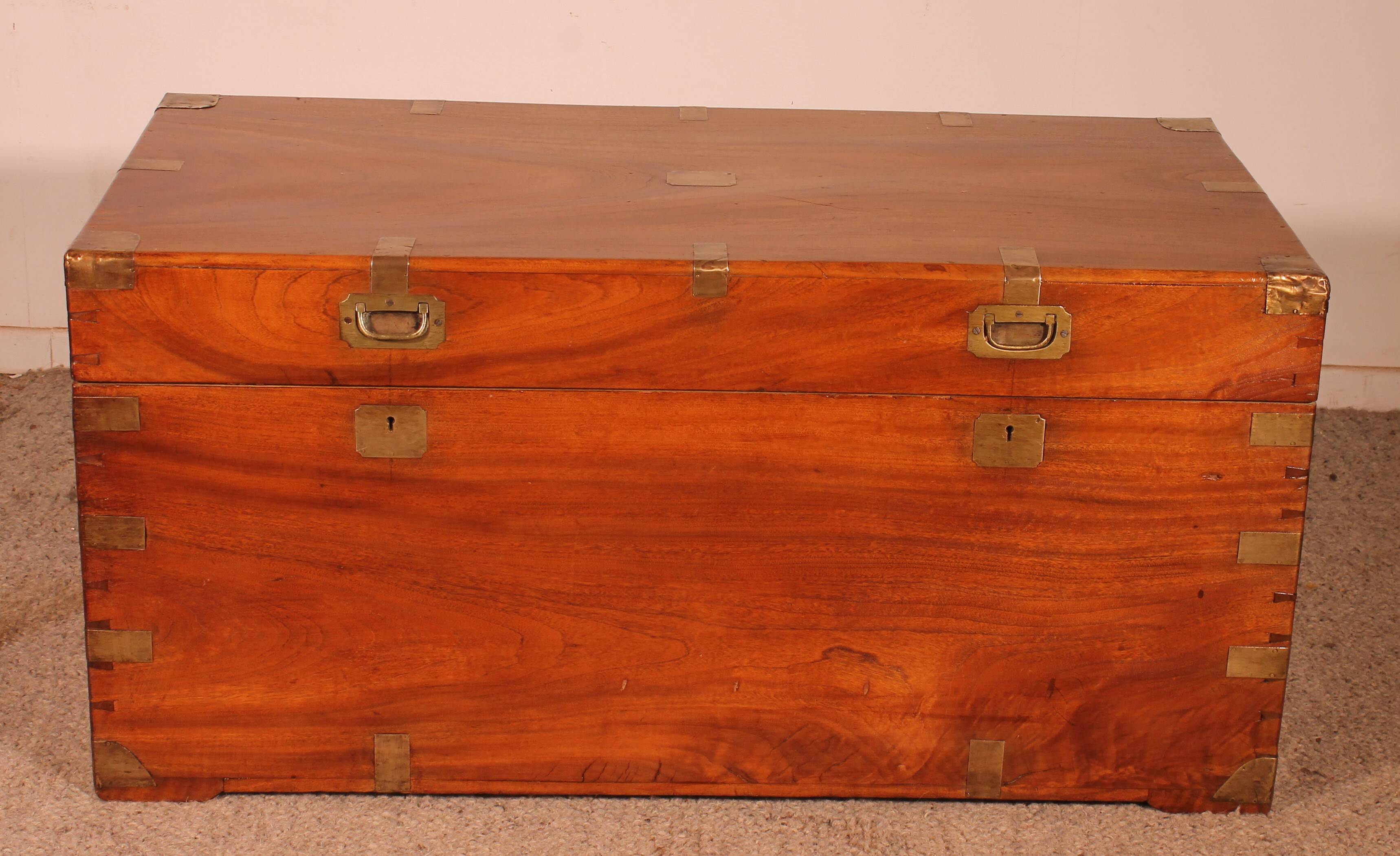 19th-century camphor wood marine chest with double locks and tray in