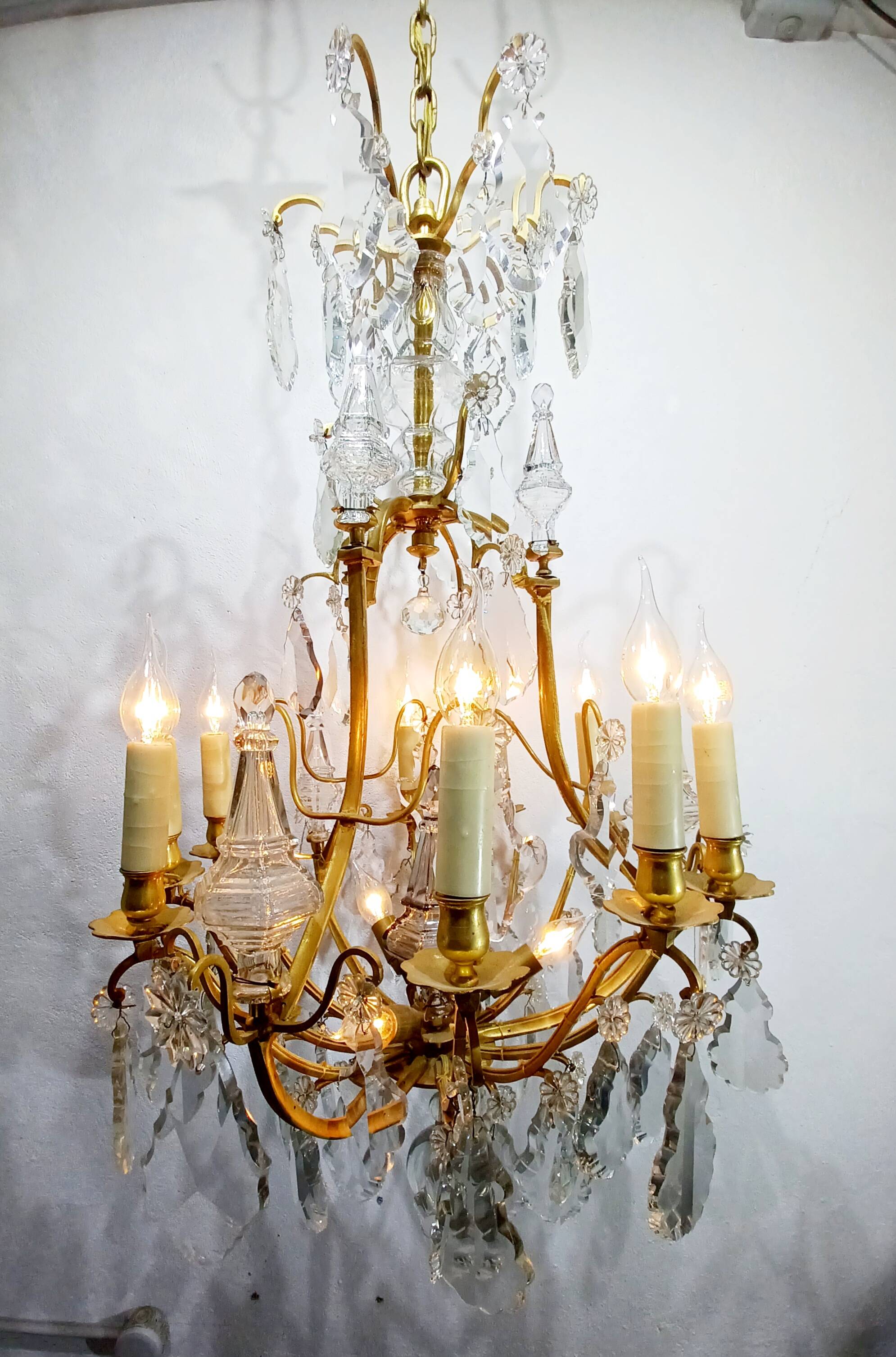12-light bronze and crystal cage chandelier
