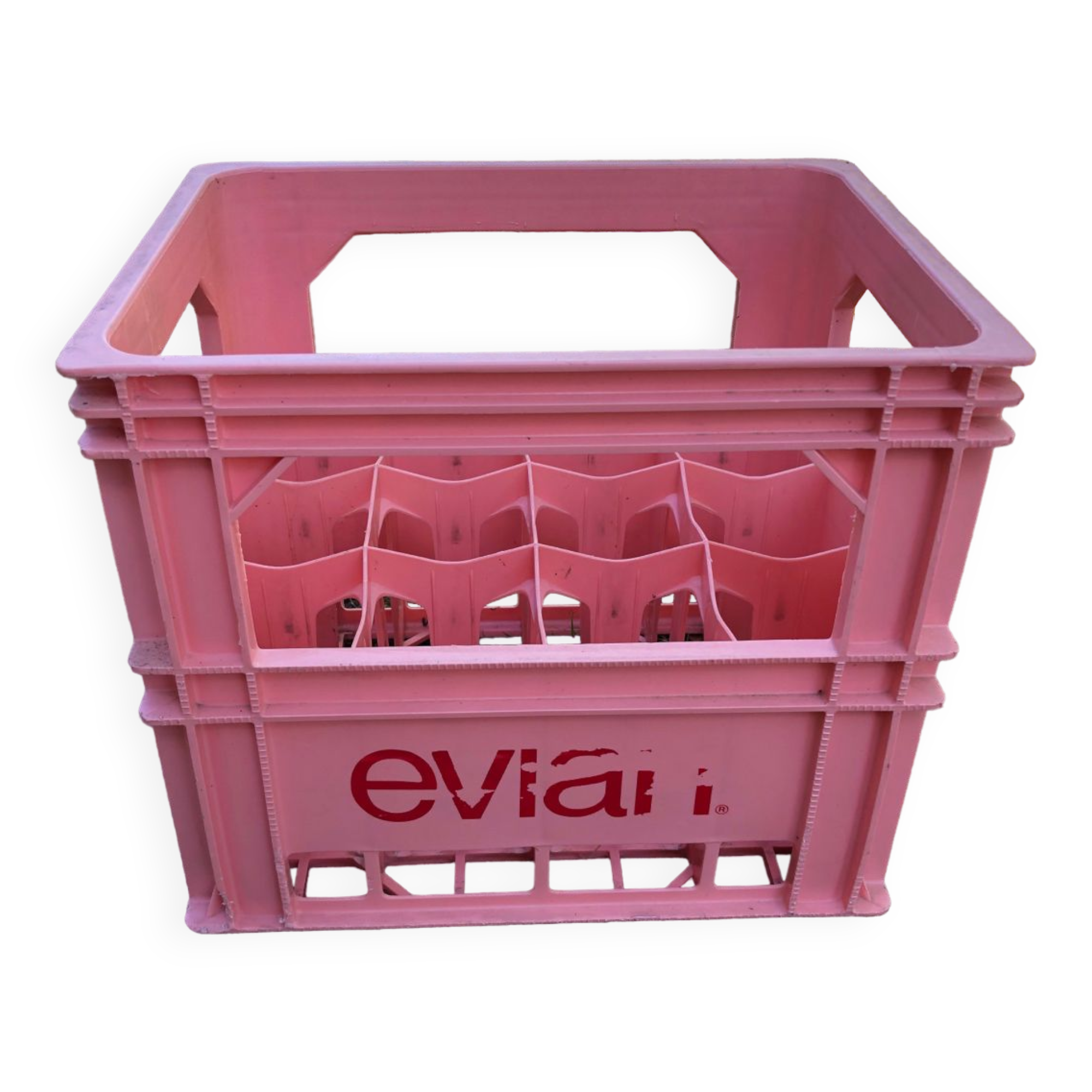 Evian bottle holder in pink plastic