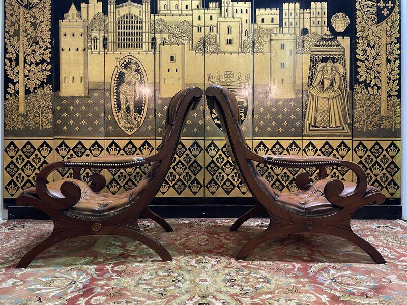 Pair of English Chesterfield leather armchairs