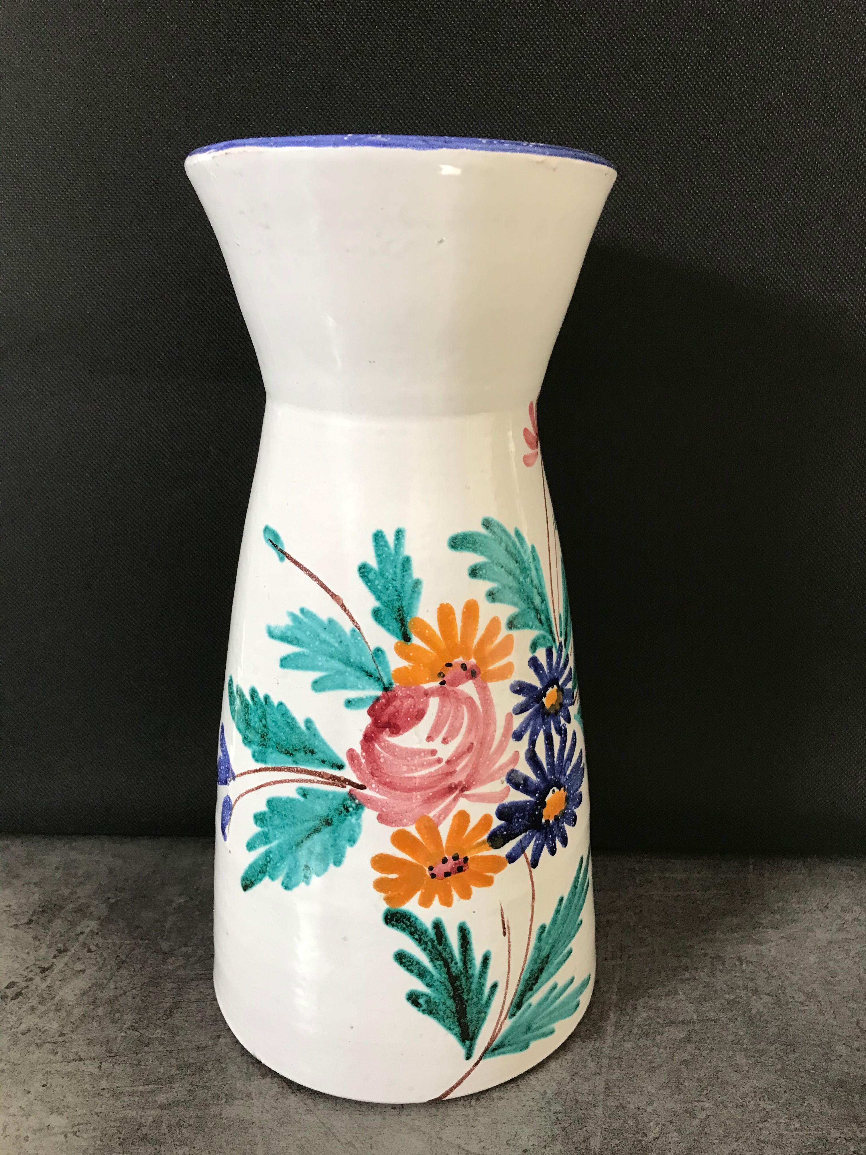 Vintage ceramic vase signed with polychrome flower decoration 25 cm