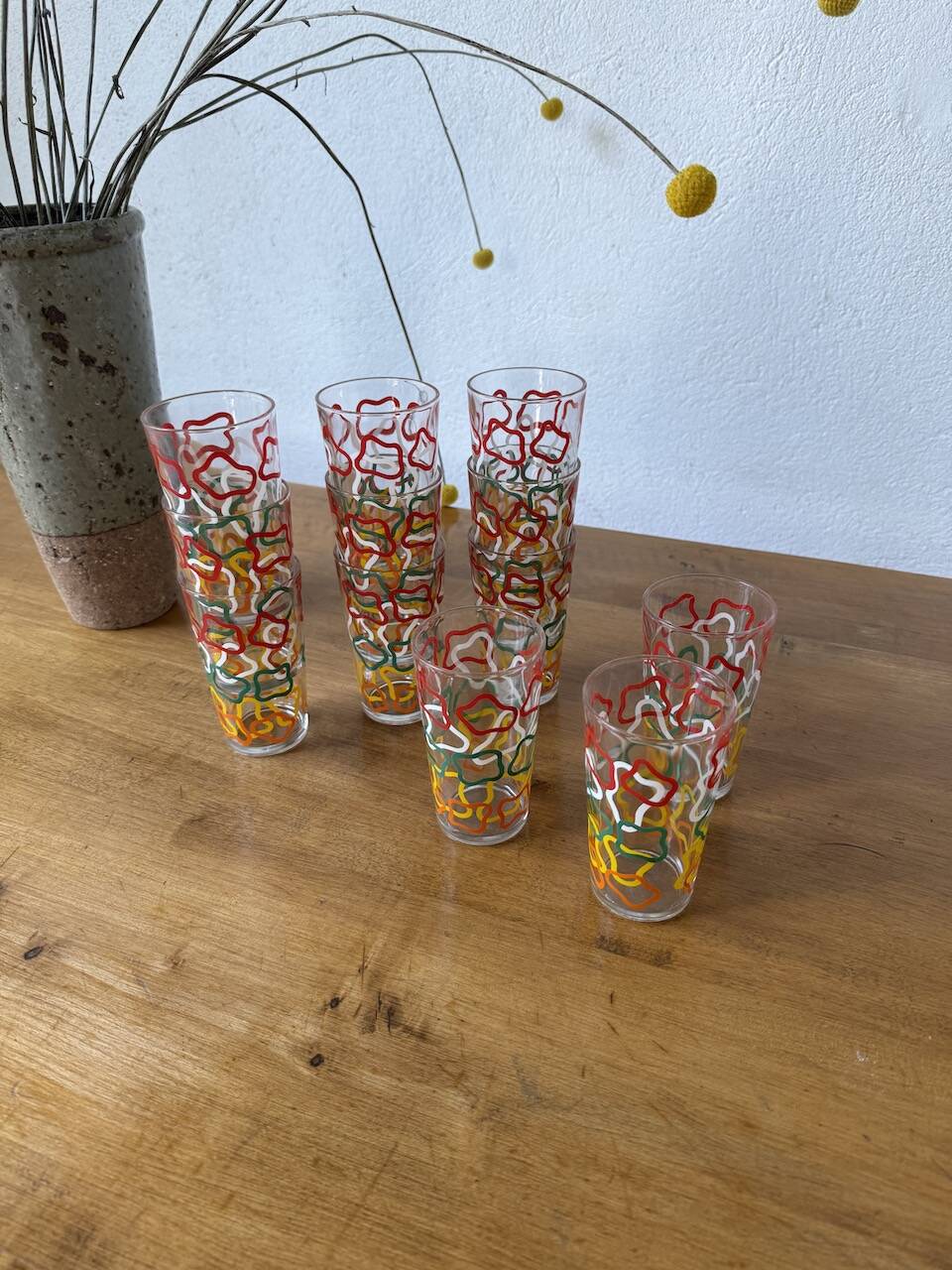 Set of 12 graphic glasses 1970