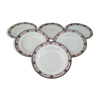 Lot de 6 assiettes creuses en porcelaine de Limoges estampille RN frise bleue roses anciennes