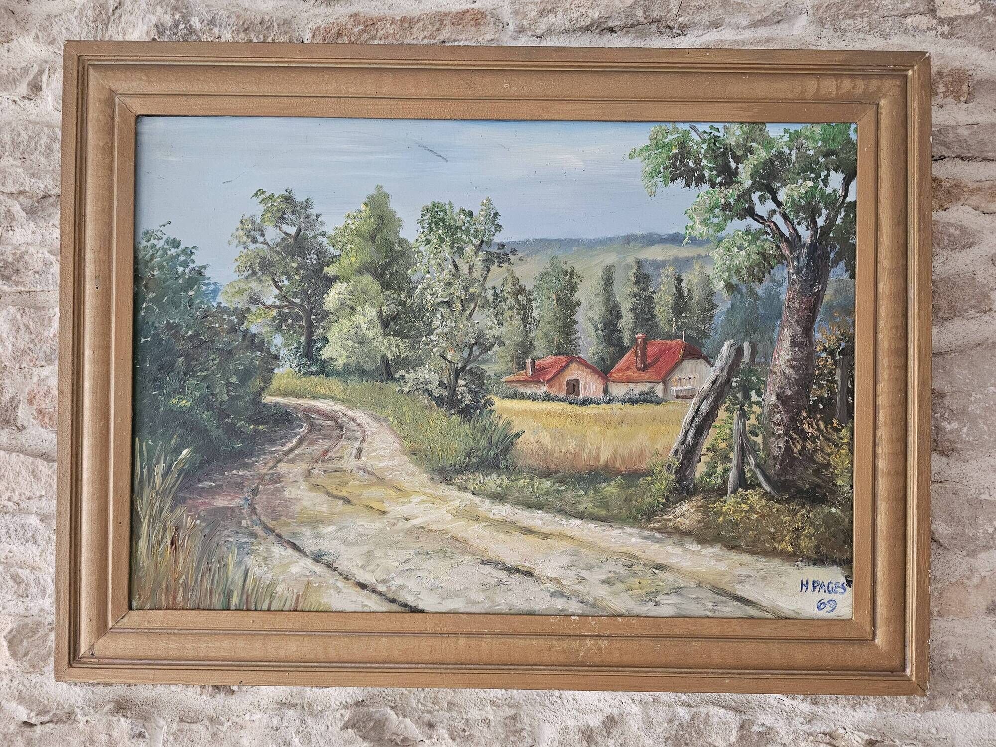 Oil painting on Isorel - Hilly countryside landscape Signed H Pages 1969