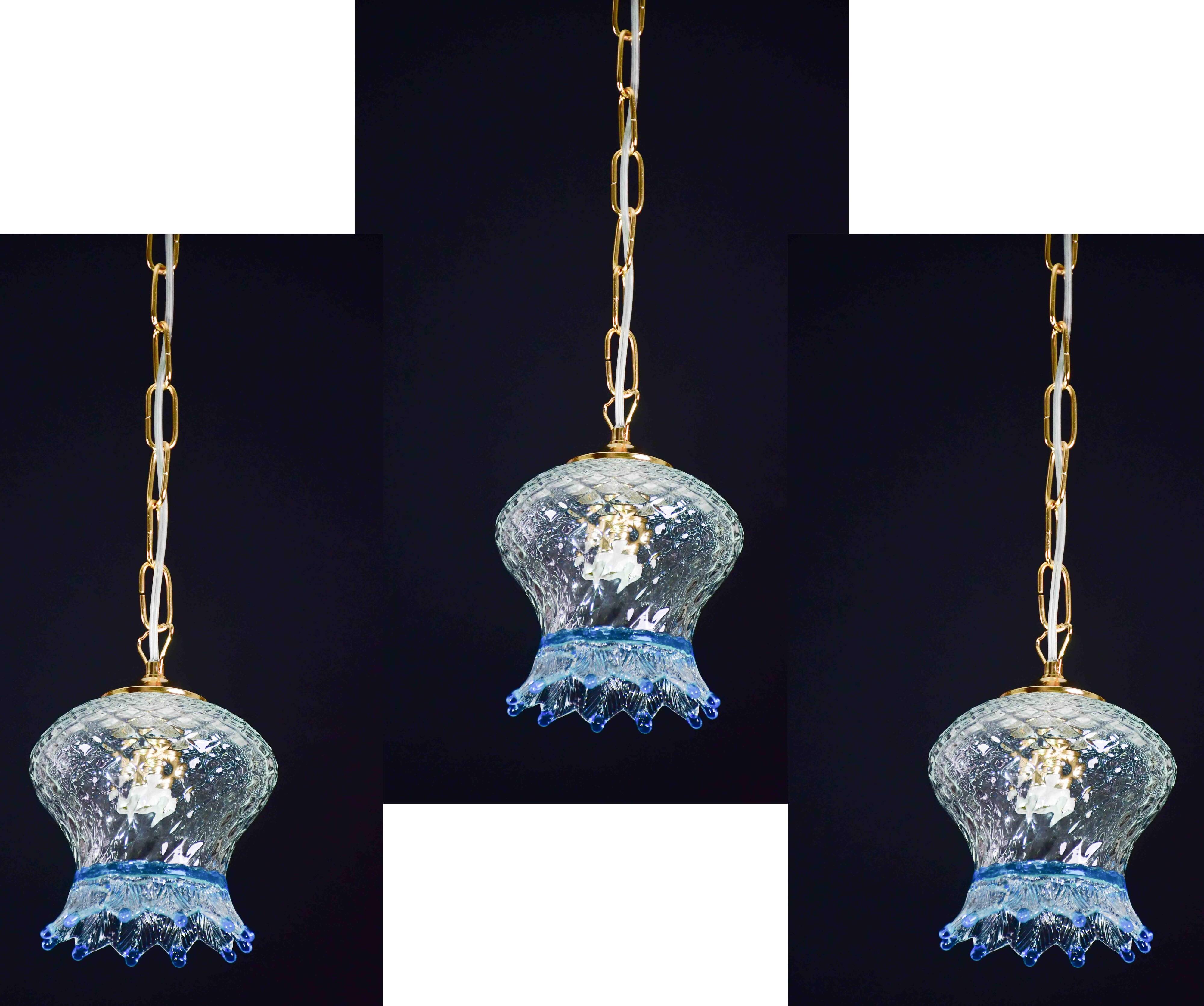 Set of 3 Murano blue glass pendant lights