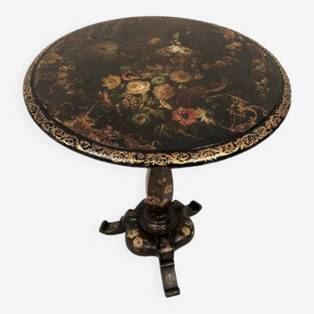 Tilting pedestal table in blackened wood with painted decoration of flowers and birds, Napoleon III era