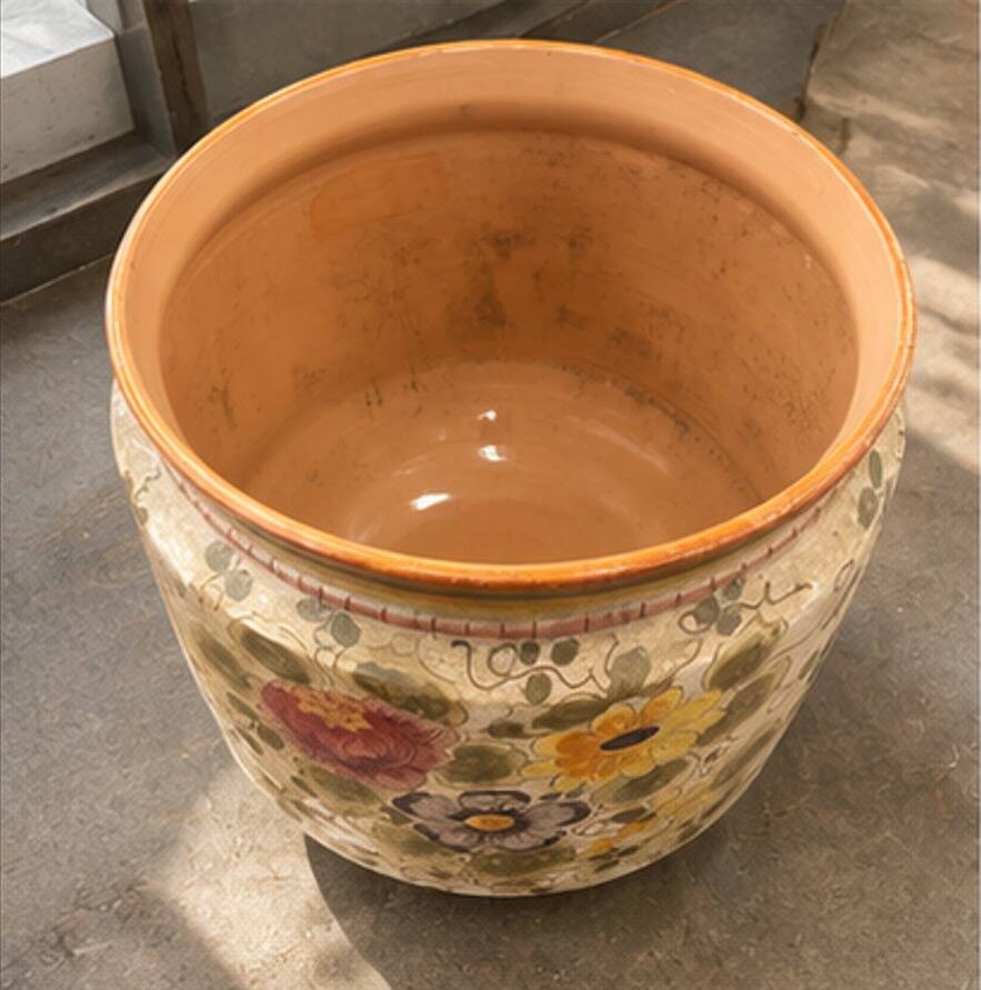 Large Italian Hand-Painted Ceramic Jardinière with Floral and Grape Motifs,