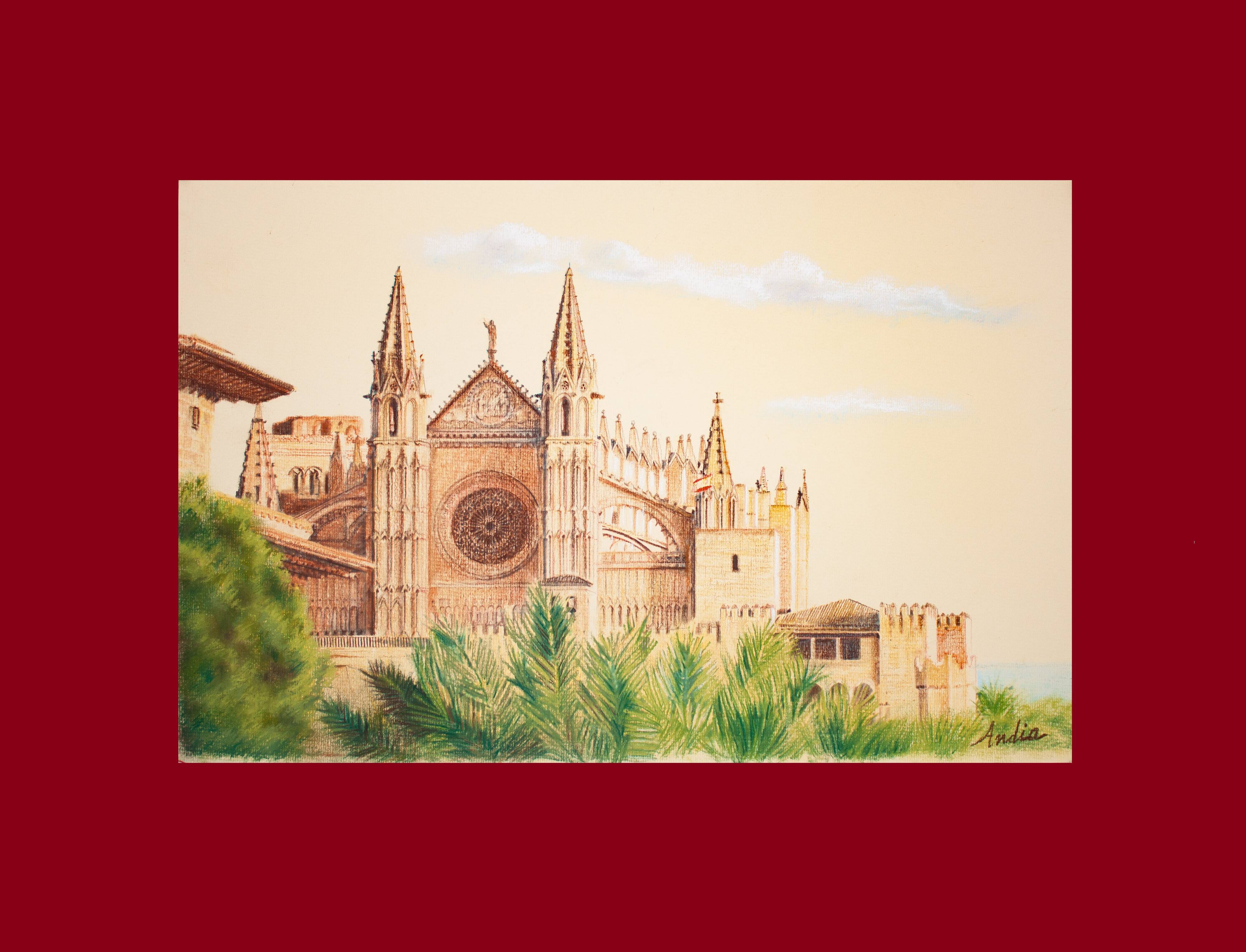 Dibujo de la catedral de mallorca. cuadro de mallorca. pintura mallorca. mallorca pintura.