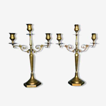 Pair of chandeliers three neo-classical fires - patinated bronze - 1950s - France