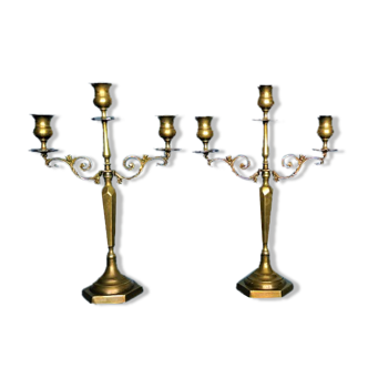 Pair of chandeliers three neo-classical fires - patinated bronze - 1950s - France