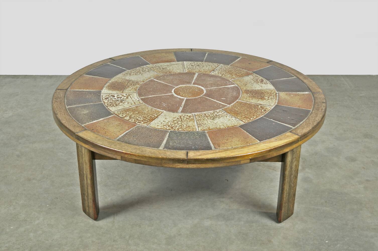 Vintage round coffee table with ceramic tiles by Danish artist TUE POULSEN,