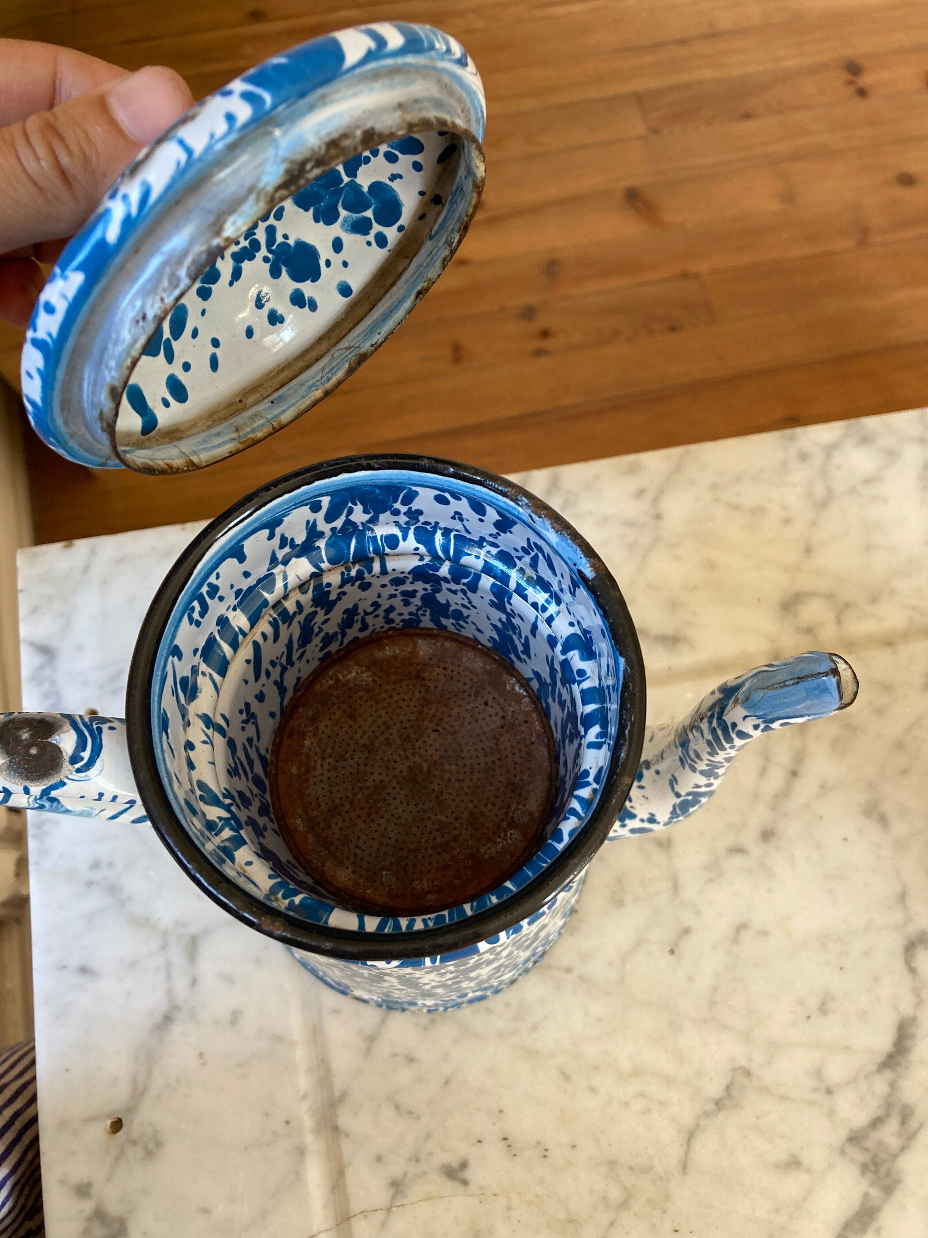 Vintage blue speckled enamel coffee maker