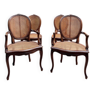 Paire de fauteuils et deux chaises cannées en bois naturel de style Louis XV XIX eme siècle