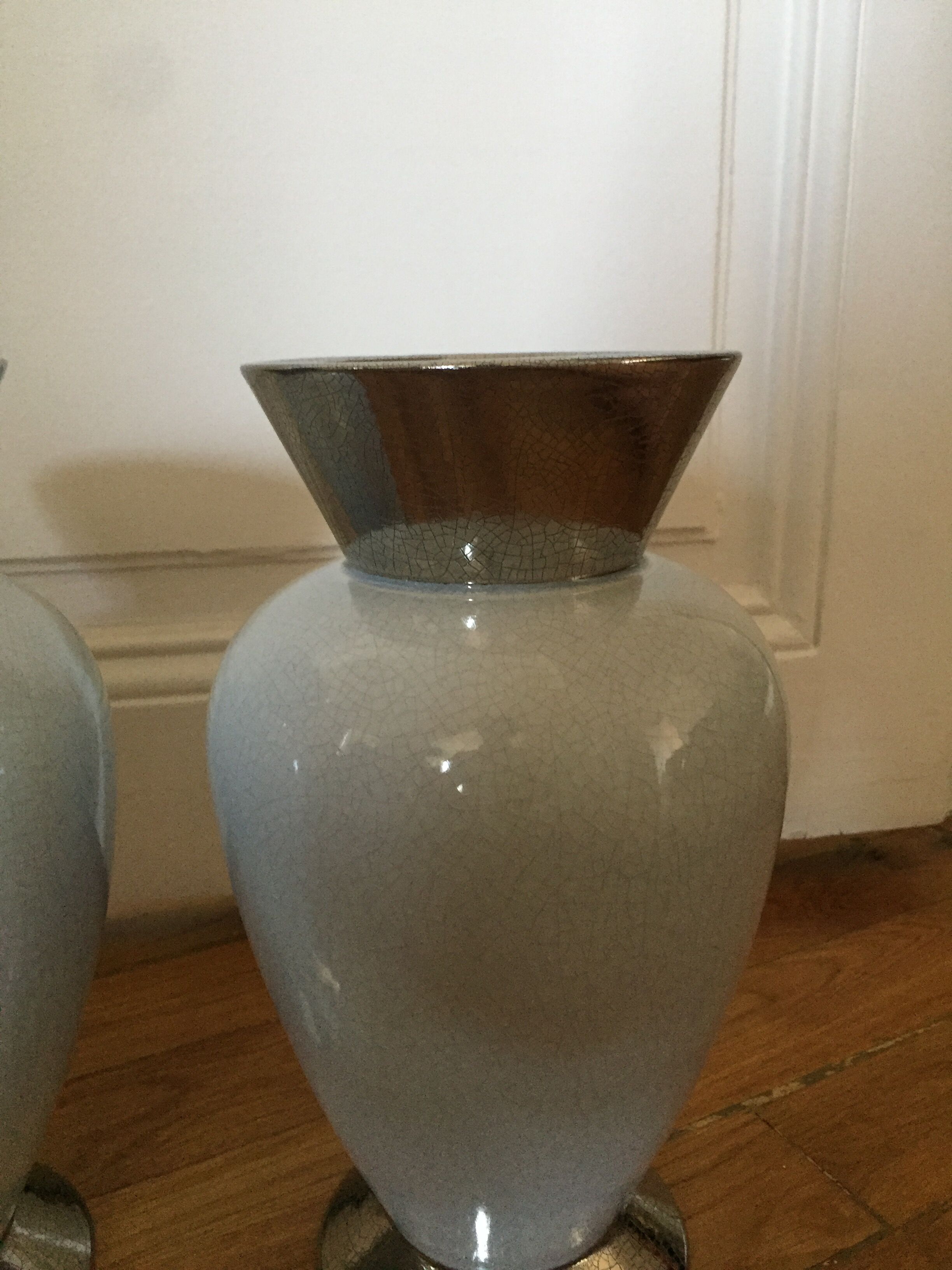 Pair of white and silver vases style cracked enamel