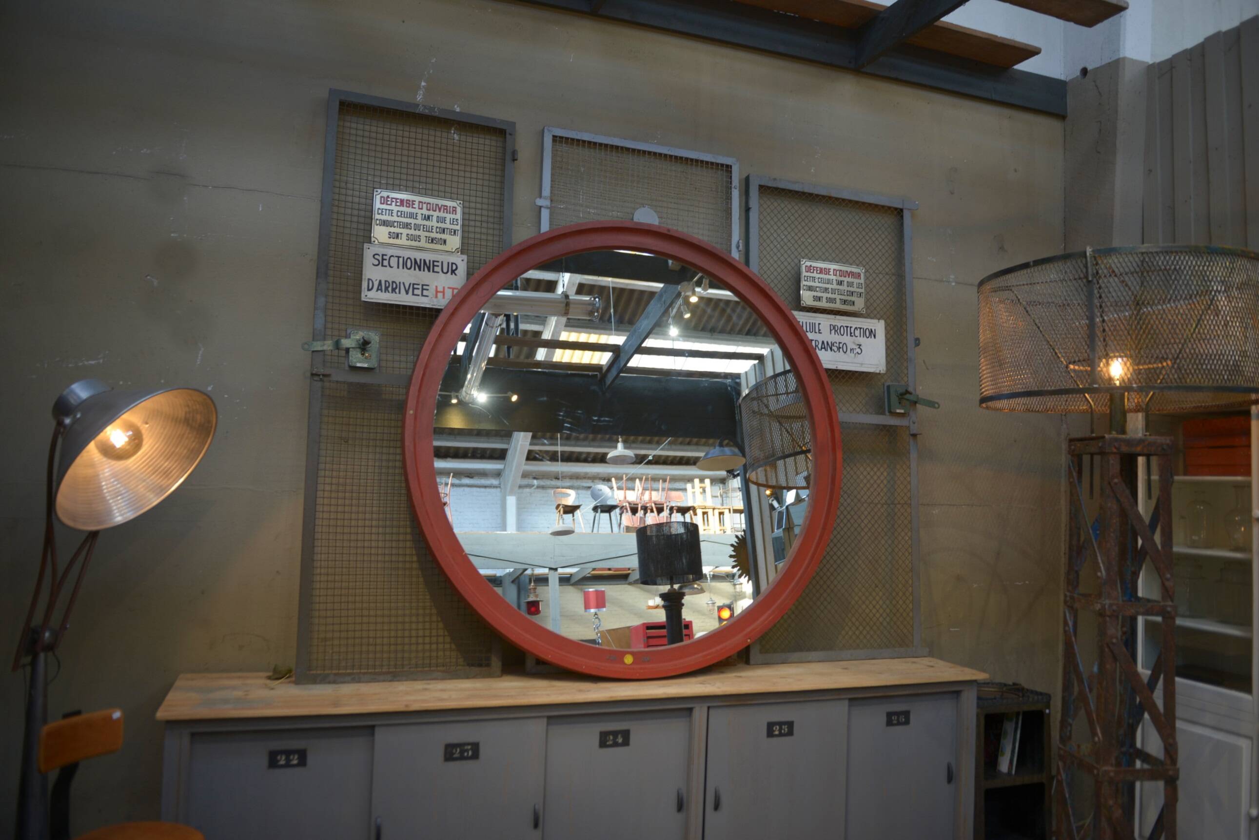 Large Round Industrial Wooden Mirror 1920