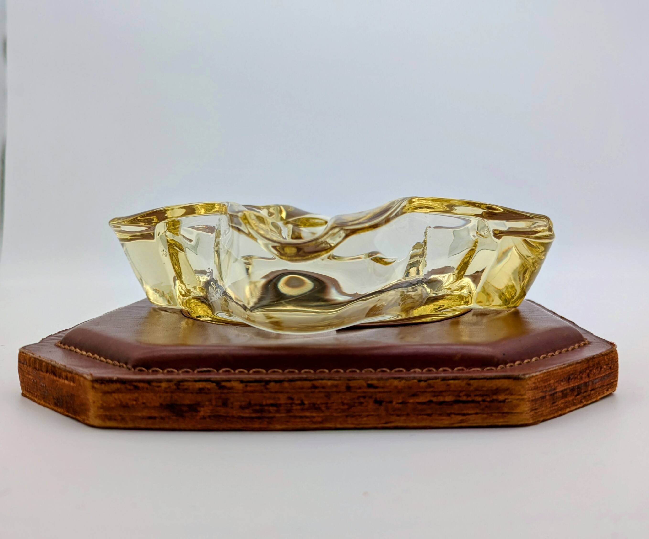 Ashtray / Catch-all Mid-Century Solid Glass Murano Style & Leather 1960