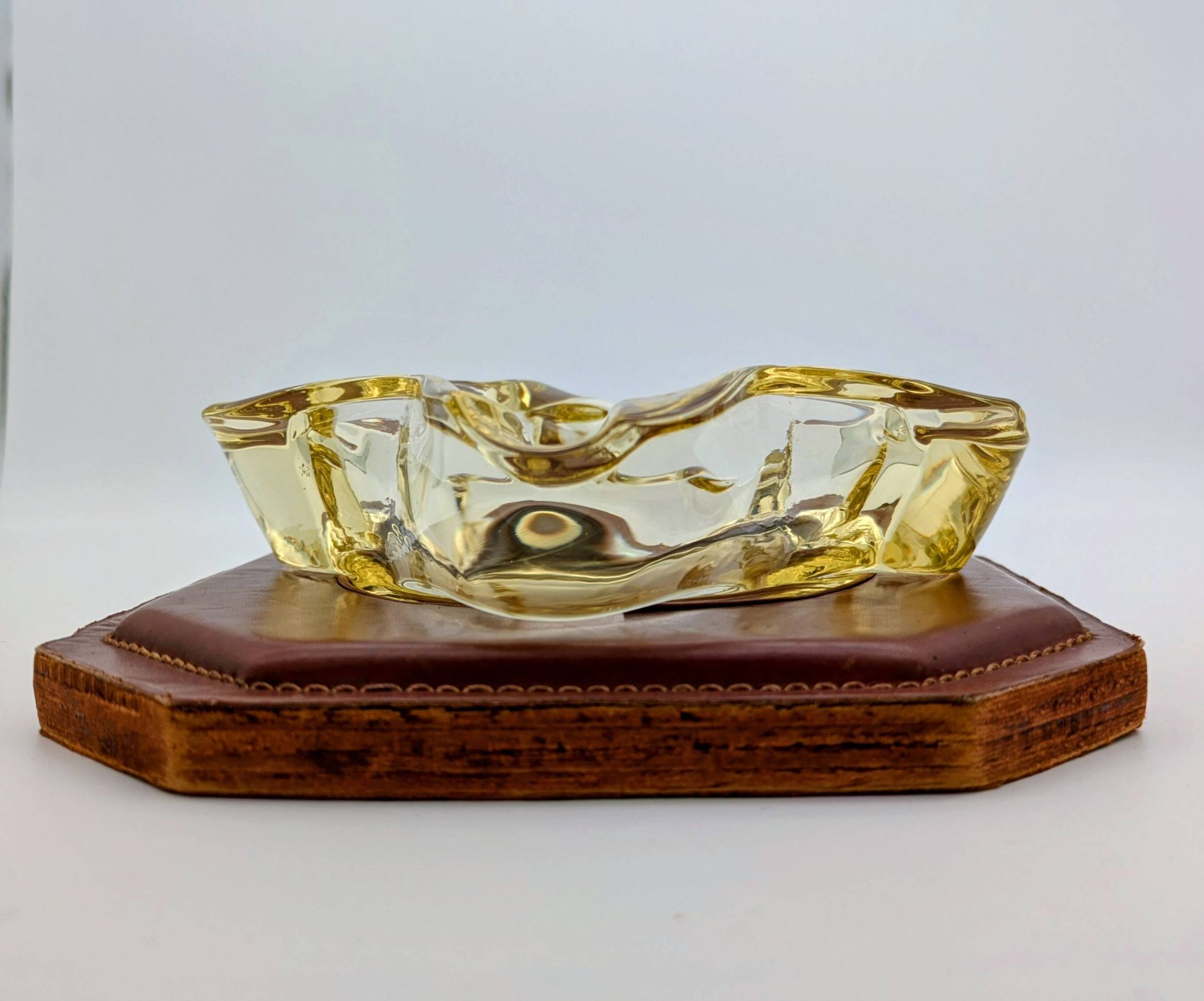 Ashtray / Catch-all Mid-Century Solid Glass Murano Style & Leather 1960