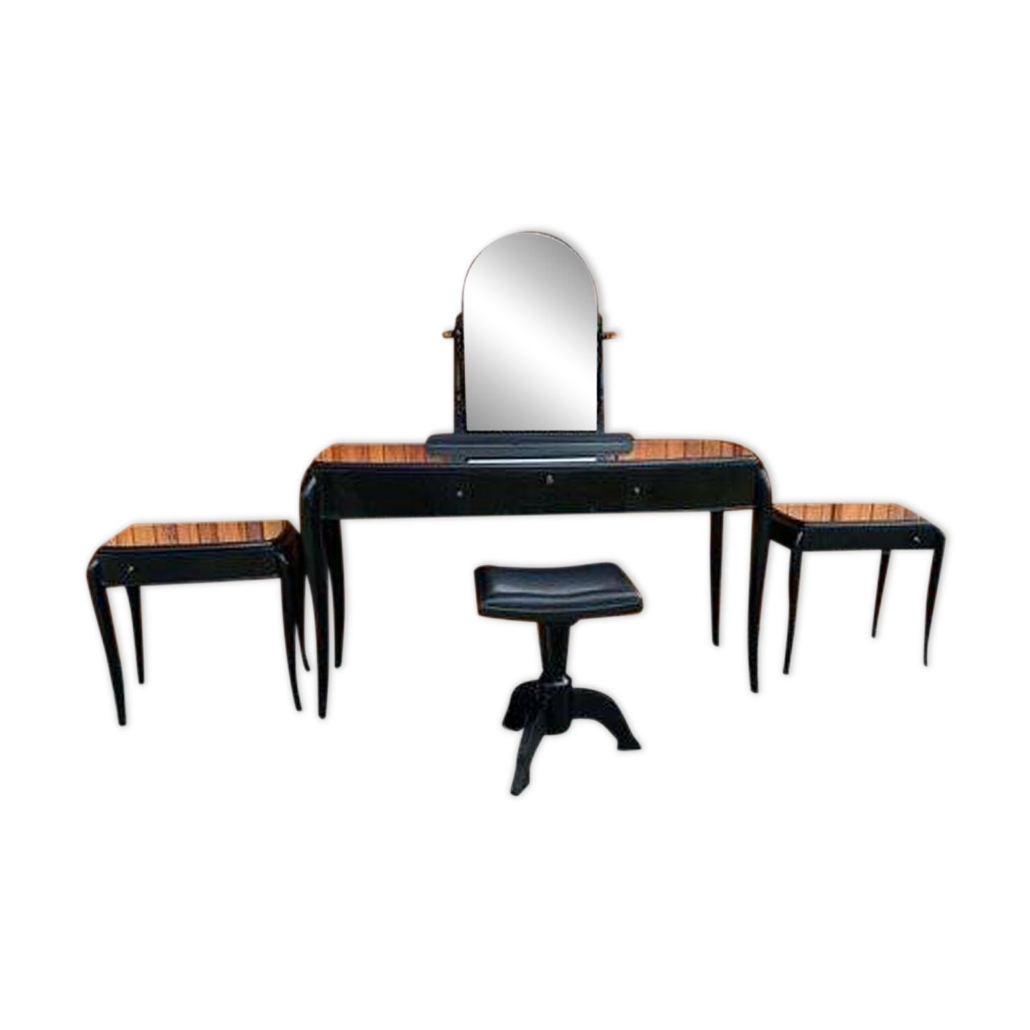 Art Deco French Black Dressing Table, Chair &amp; Nightstands, Set of 4