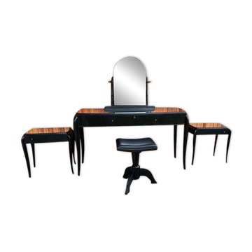 Table de maquillage Art Déco française noire, chaise et tables de nuit, ensemble de 4