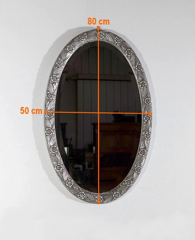Oval mirror with silver frame, art nouveau, 1900