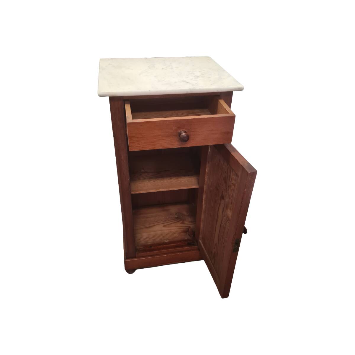 Antique Pine Bedside Table With Marble Top, late 1800s