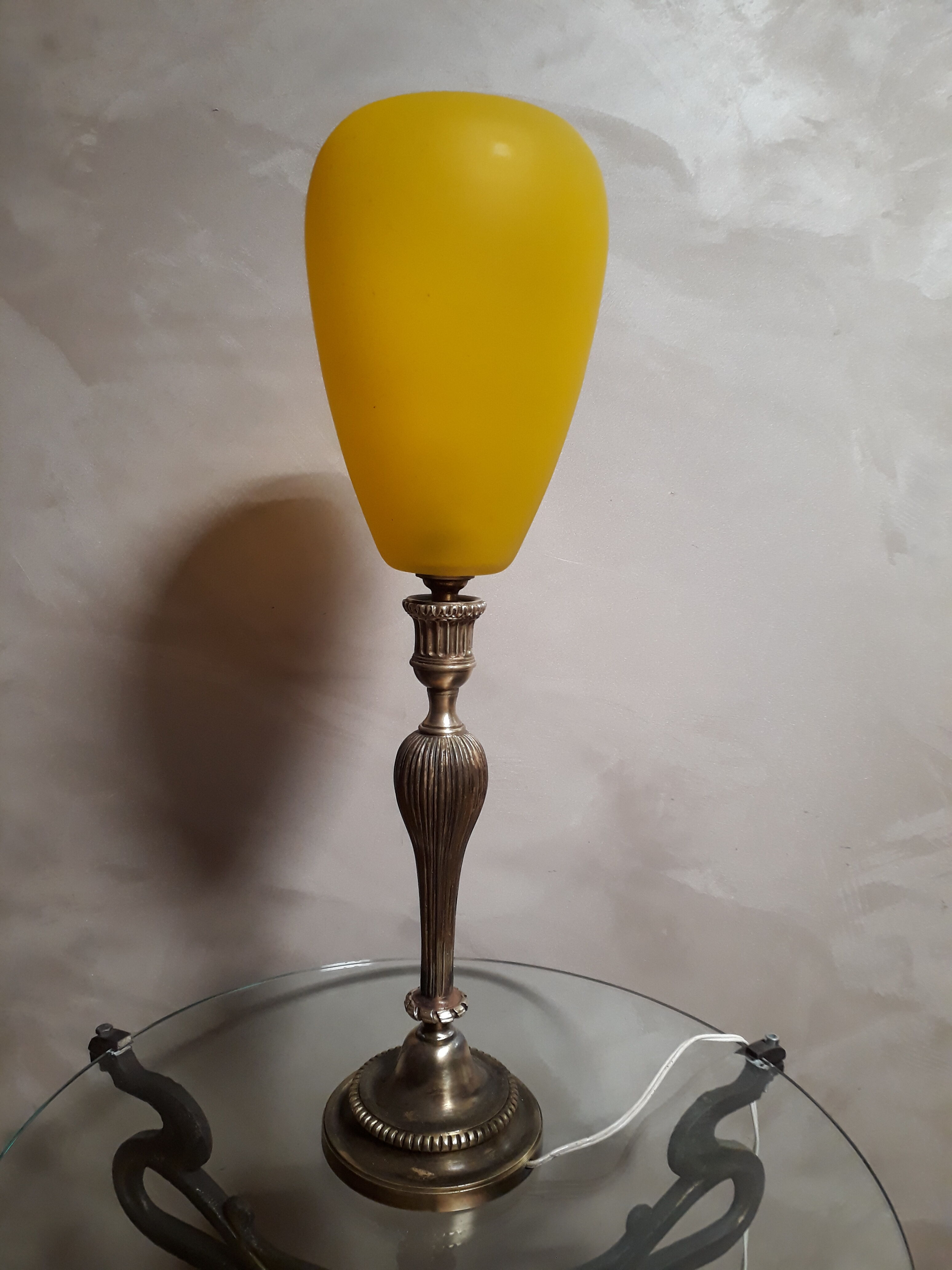 very large lamp bronze lampshade day opaque yellow glass 1940 about ,,57x15