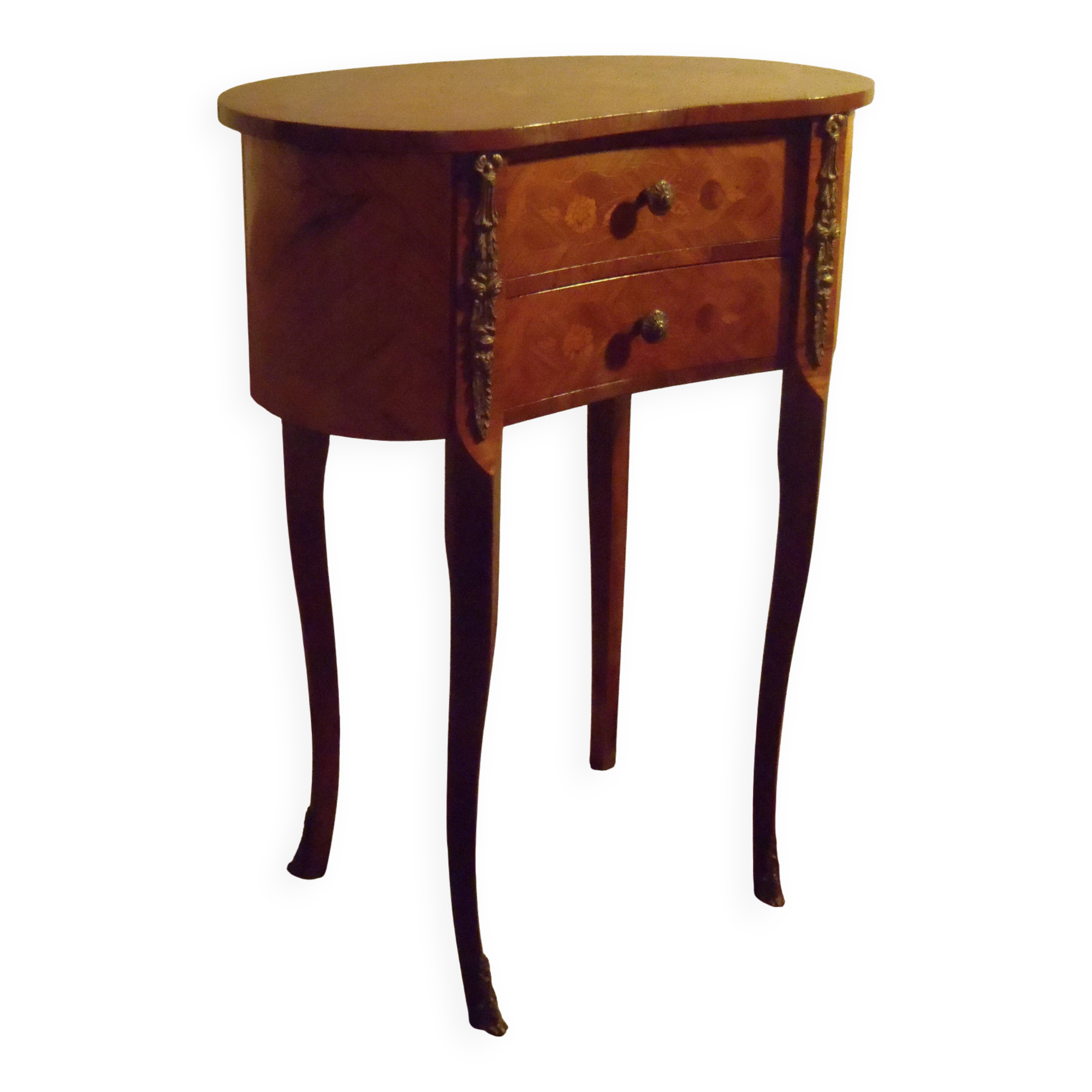 Louis XV style bedside table with varnished marquetry.
